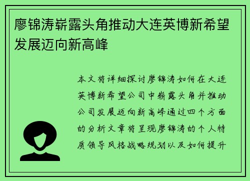 廖锦涛崭露头角推动大连英博新希望发展迈向新高峰 廖锦涛崭露头角推动大连英博新希望发展迈向新高峰