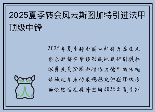 2025夏季转会风云斯图加特引进法甲顶级中锋